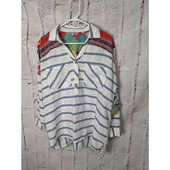 John Mark Embroidered Linen White Blue Stripe Floral 3 Button Shirt M Top Blouse - Picture 1 of 6